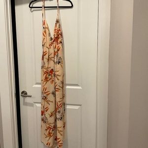 Never worn - Tropical orange floral maxi dress, open back, halter neck tie